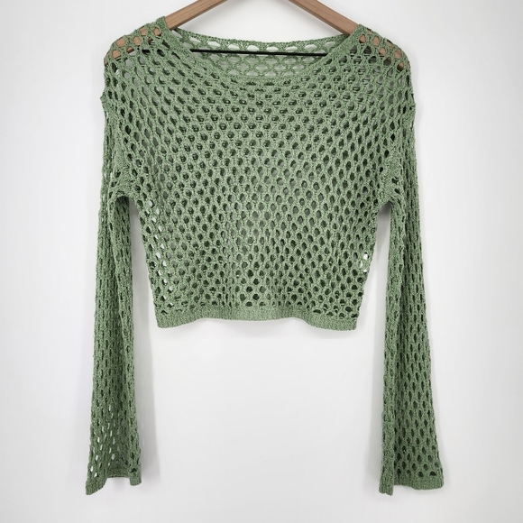 Sage‎ Green Open Knit Top Size S Cropped Long Sleeve Concert Rave Festival Disco - Picture 2 of 7